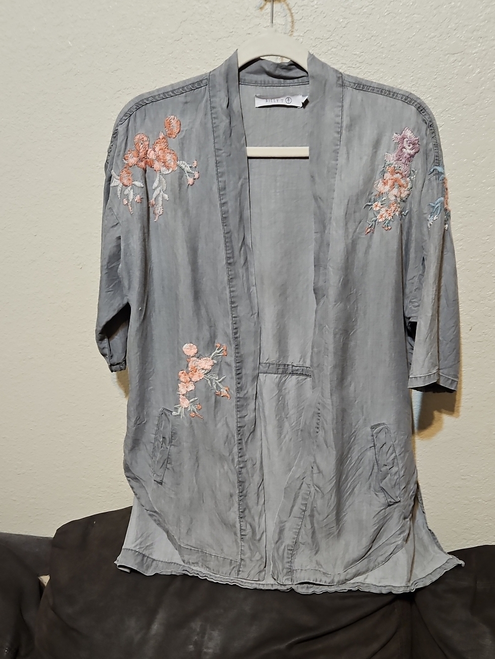 Gray Embroidered Open-Front Kimono Cardigan